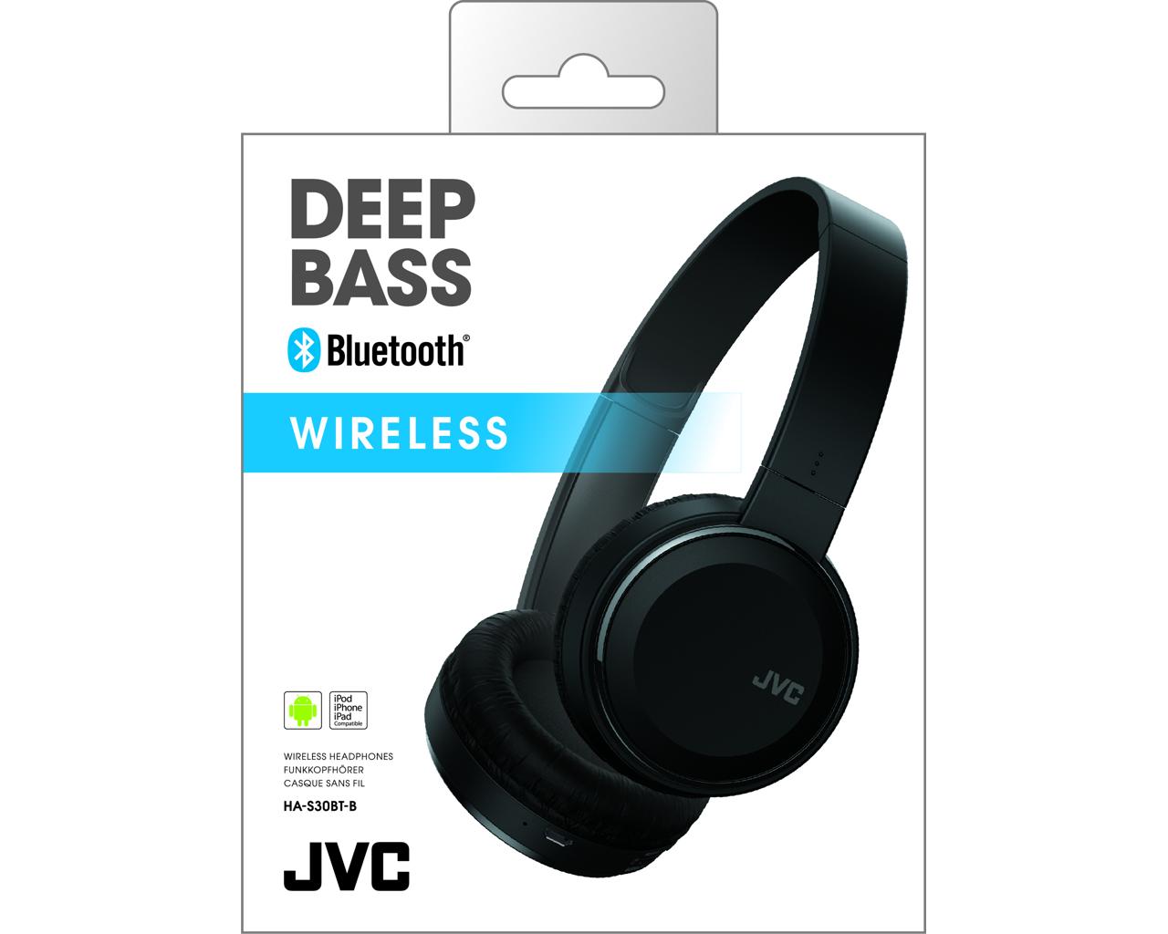 JVC Wireless On-ear Headphone HA-S30BTHeadphonesListen wirelessly to your favourite musicAll Bluetooth function operated with 4 buttons on headphone housingBass Boost function for dynamic bass sound (on/off)Flat-foldable design for ease of portability17 h